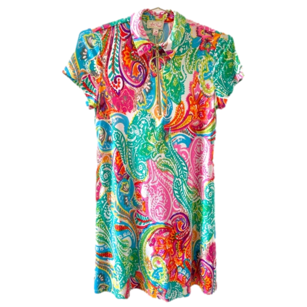 Ivy Road Short Sleeve Paisley A-Line Dress Size Medium Gold Zipper Pink